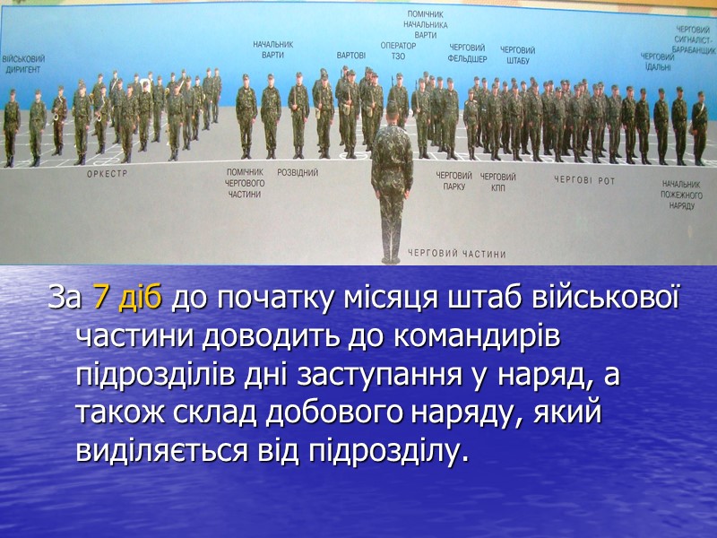 За 7 діб до початку місяця штаб військової частини доводить до командирів підрозділів дні